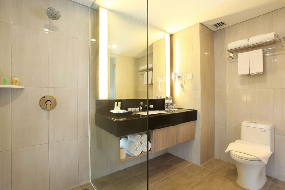 Shower, free toiletries, slippers, bidet