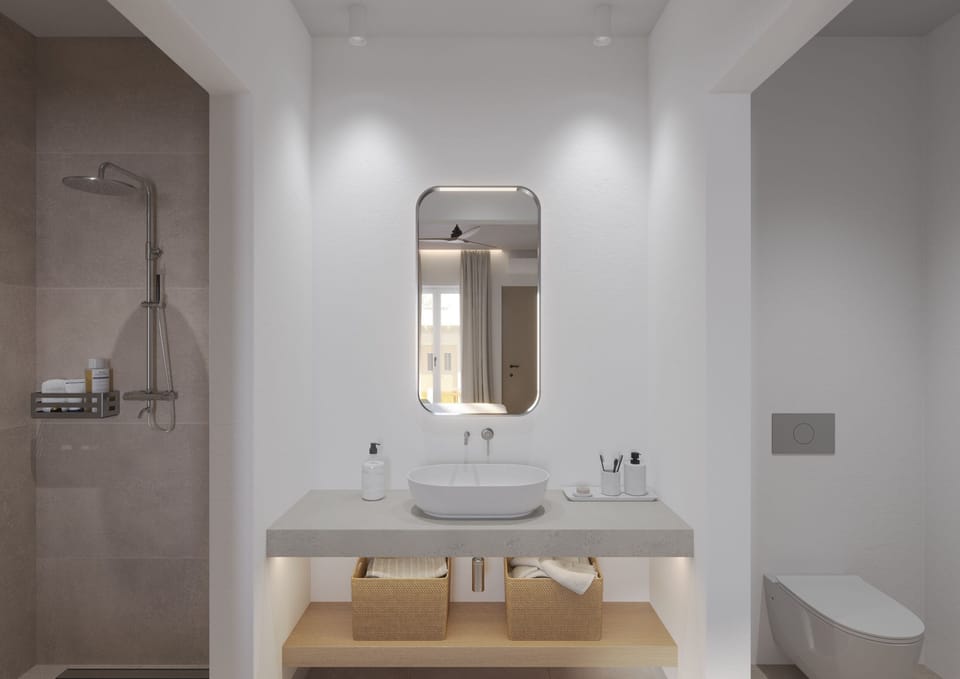 Shower, hair dryer, slippers, towels