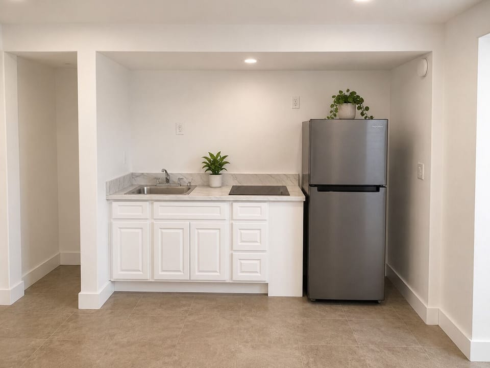 Apartment | Private kitchen | Full-size fridge, microwave, stovetop
