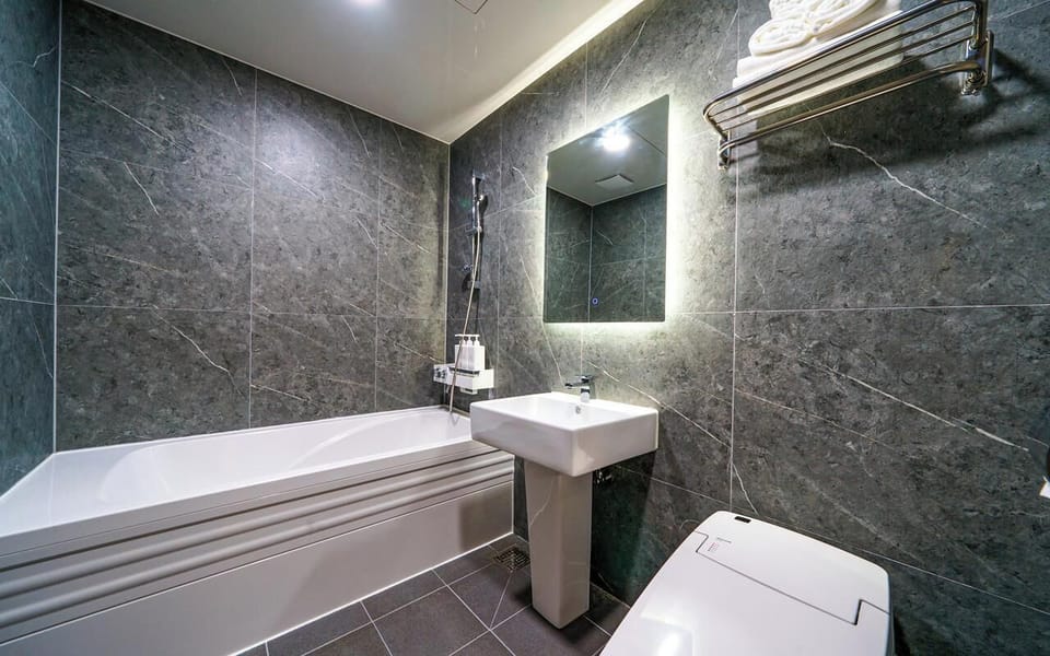 Deluxe Double Room, Non Smoking, City View | Bathroom | Combined shower/tub, hair dryer, towels, soap