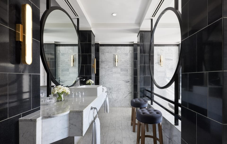 Separate tub and shower, deep soaking tub, free toiletries, hair dryer