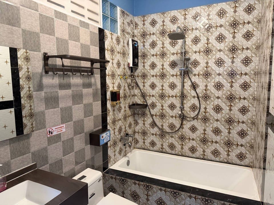 Hair dryer, slippers, towels, soap