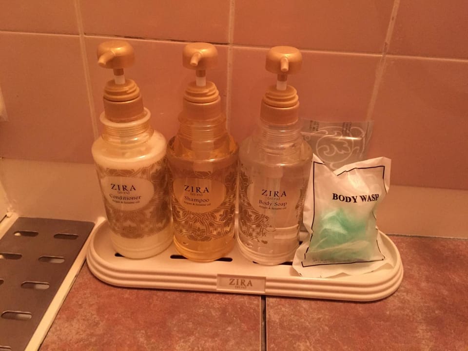 Combined shower/tub, deep soaking tub, free toiletries, hair dryer