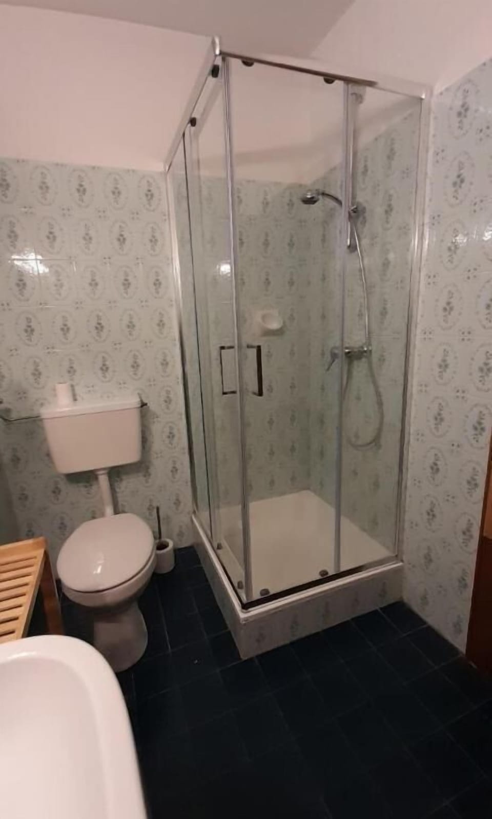 Shower, hair dryer, towels, shampoo