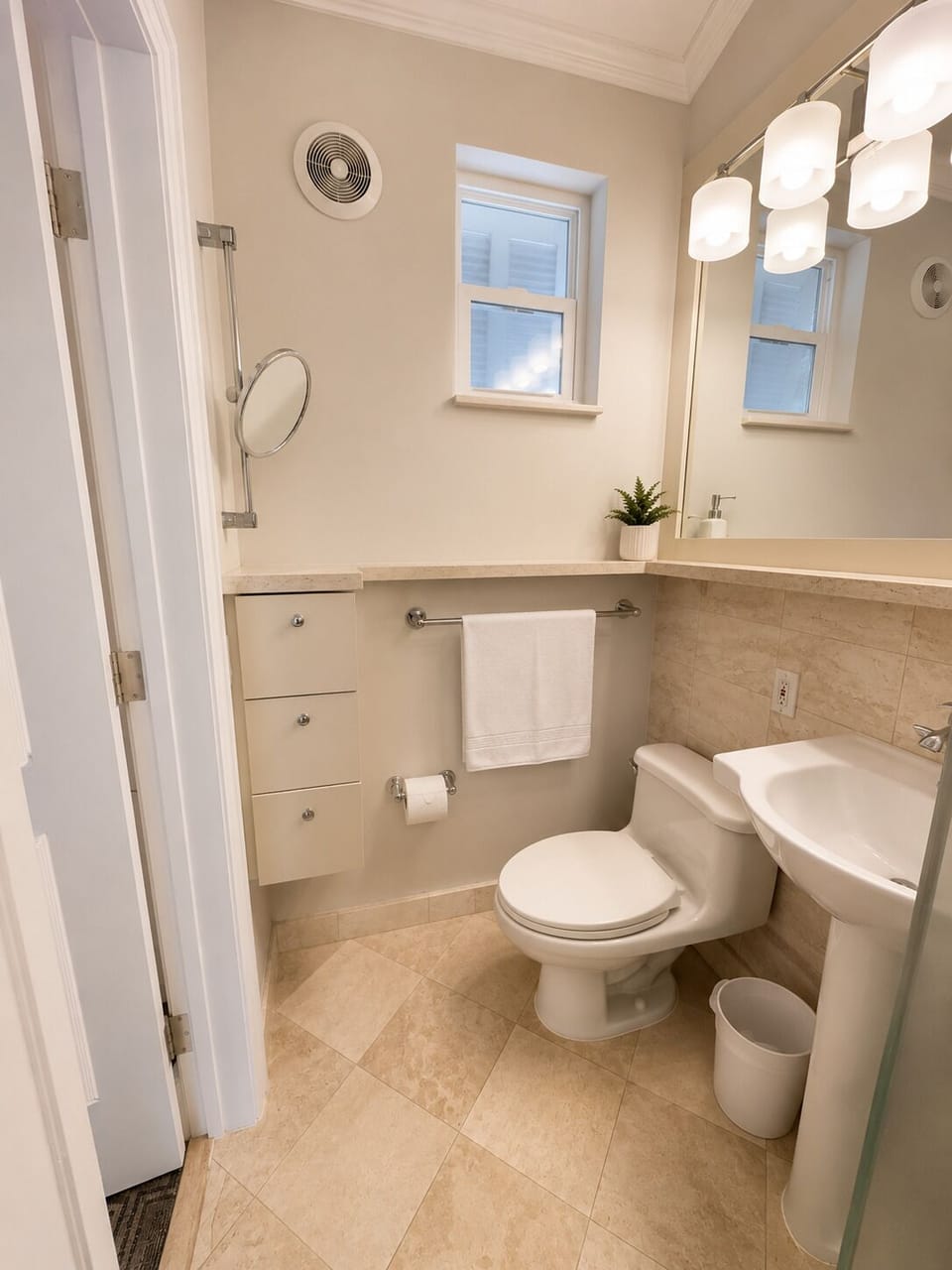 Hair dryer, towels, soap, shampoo