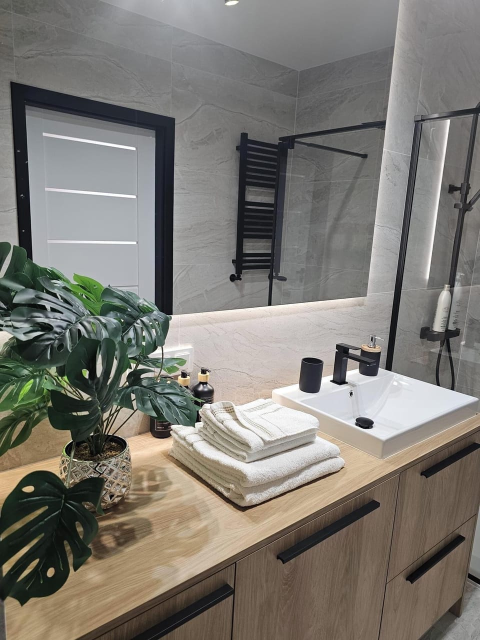 Shower, hair dryer, towels