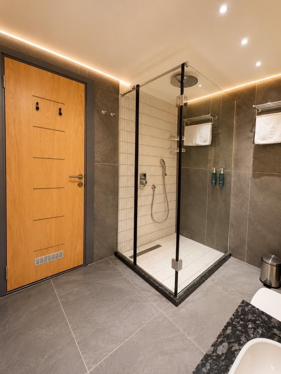 Shower, hair dryer, slippers, towels