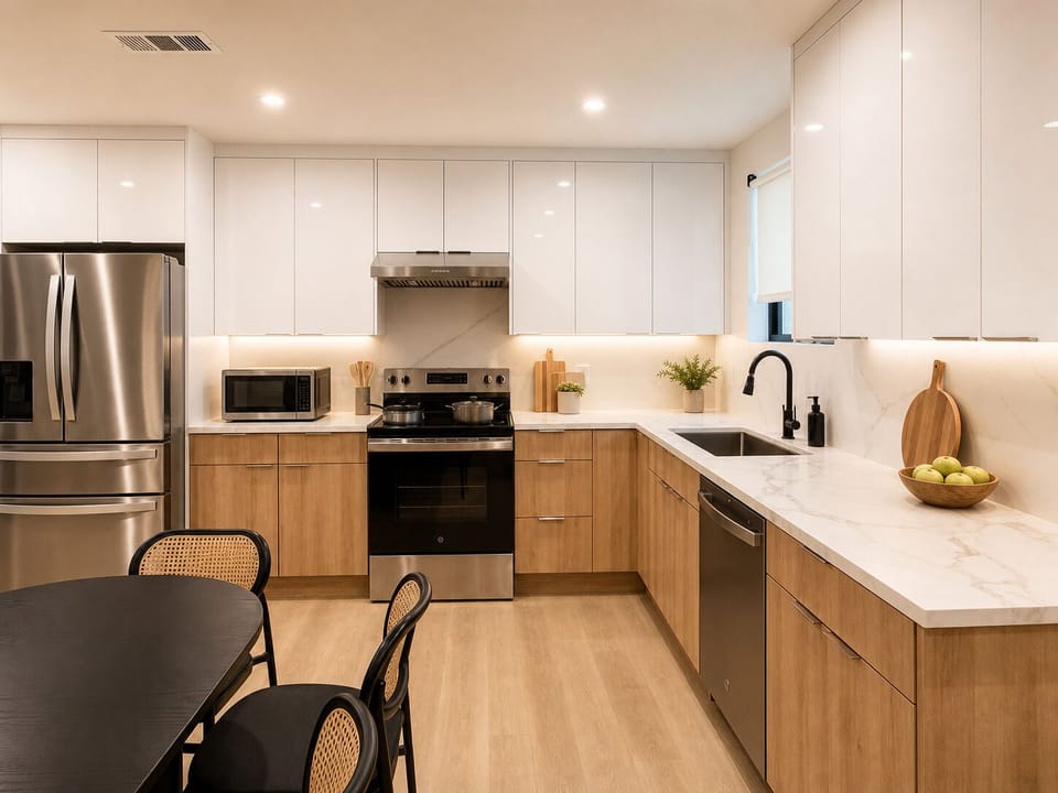 Deluxe Double Room | Private kitchen | Full-size fridge, microwave, stovetop, cookware/dishes/utensils