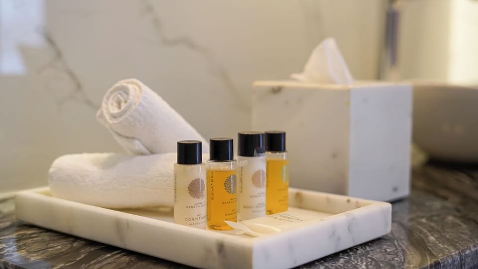 Shower, towels, soap, shampoo
