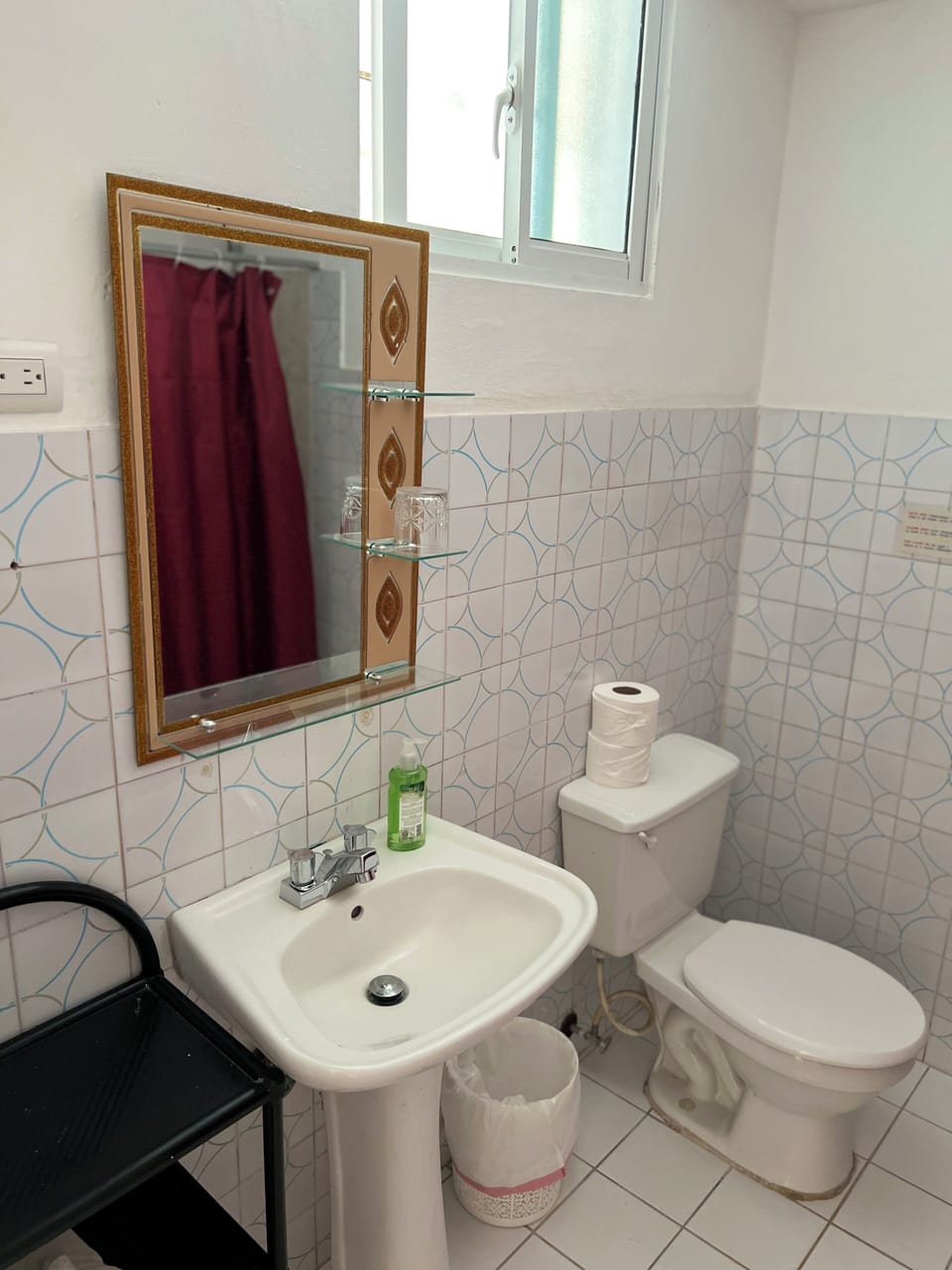Shower, towels, soap, toilet paper