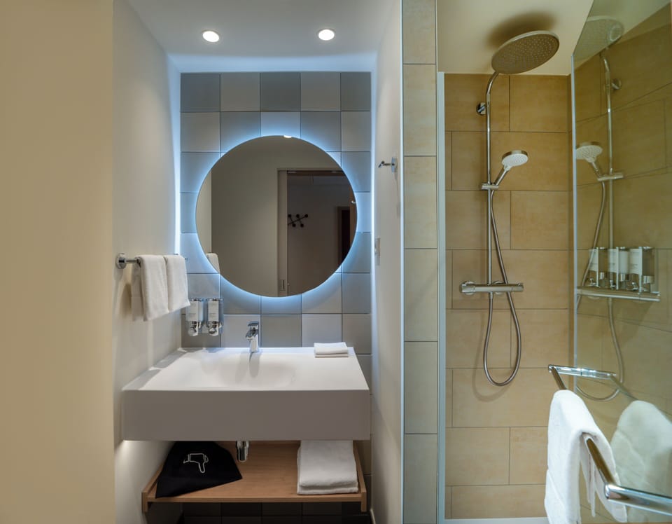 Shower, hair dryer, towels