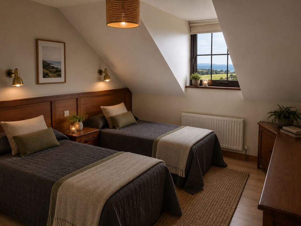 Premium bedding, desk, laptop workspace, blackout drapes