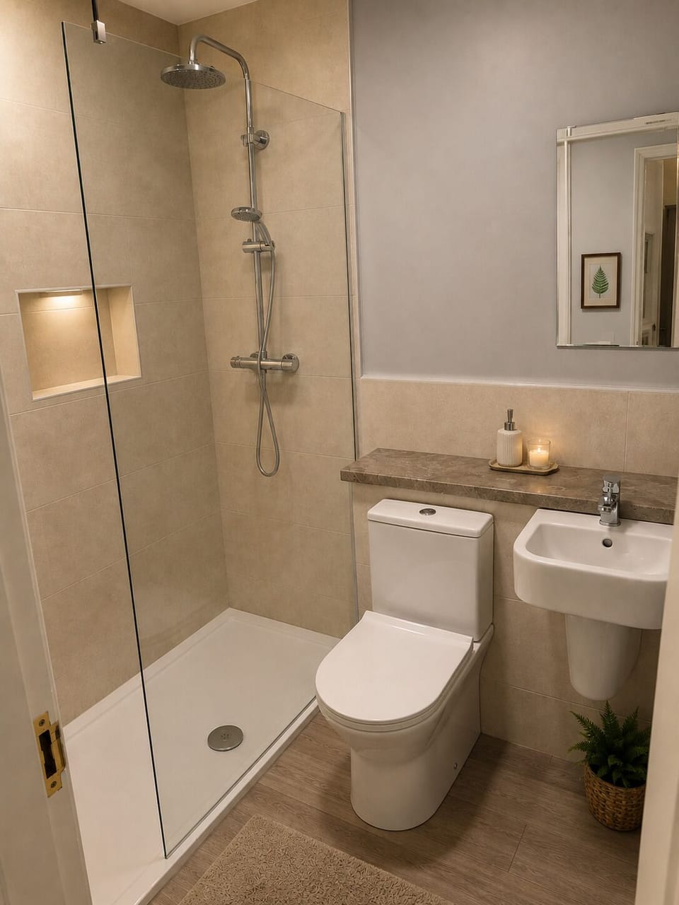 Separate tub and shower, hair dryer, towels, soap