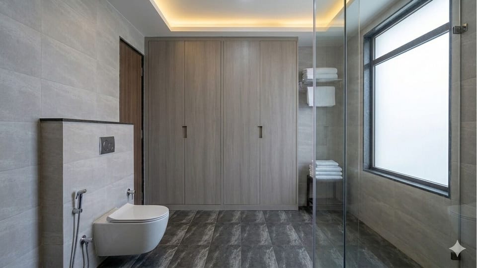Shower, towels, soap, shampoo