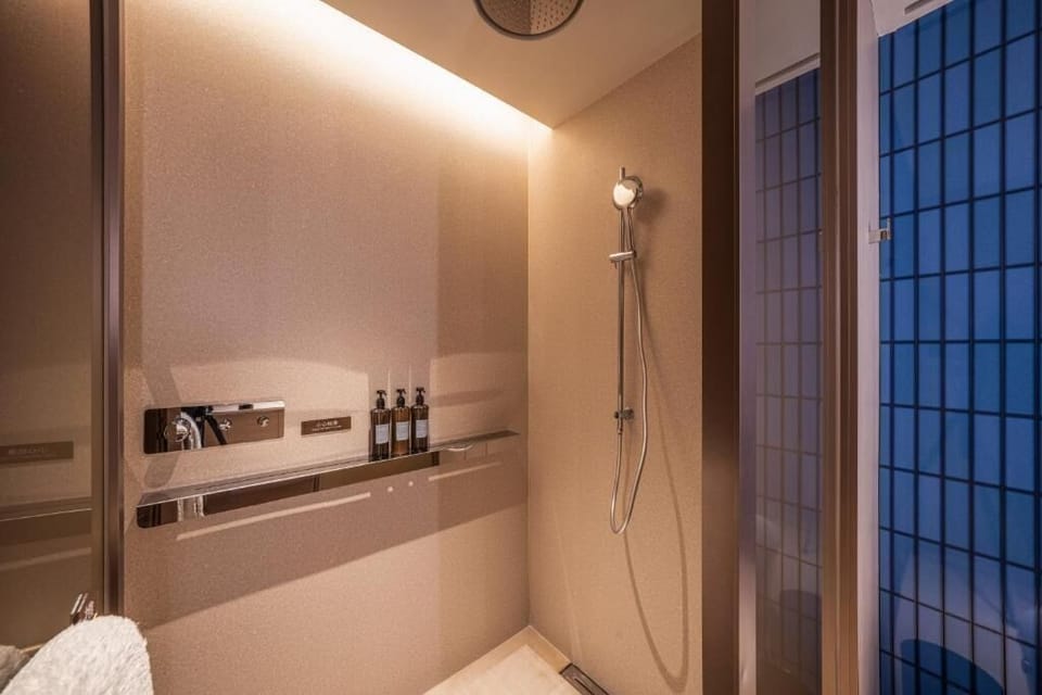 Shower, rainfall showerhead, bathrobes, slippers