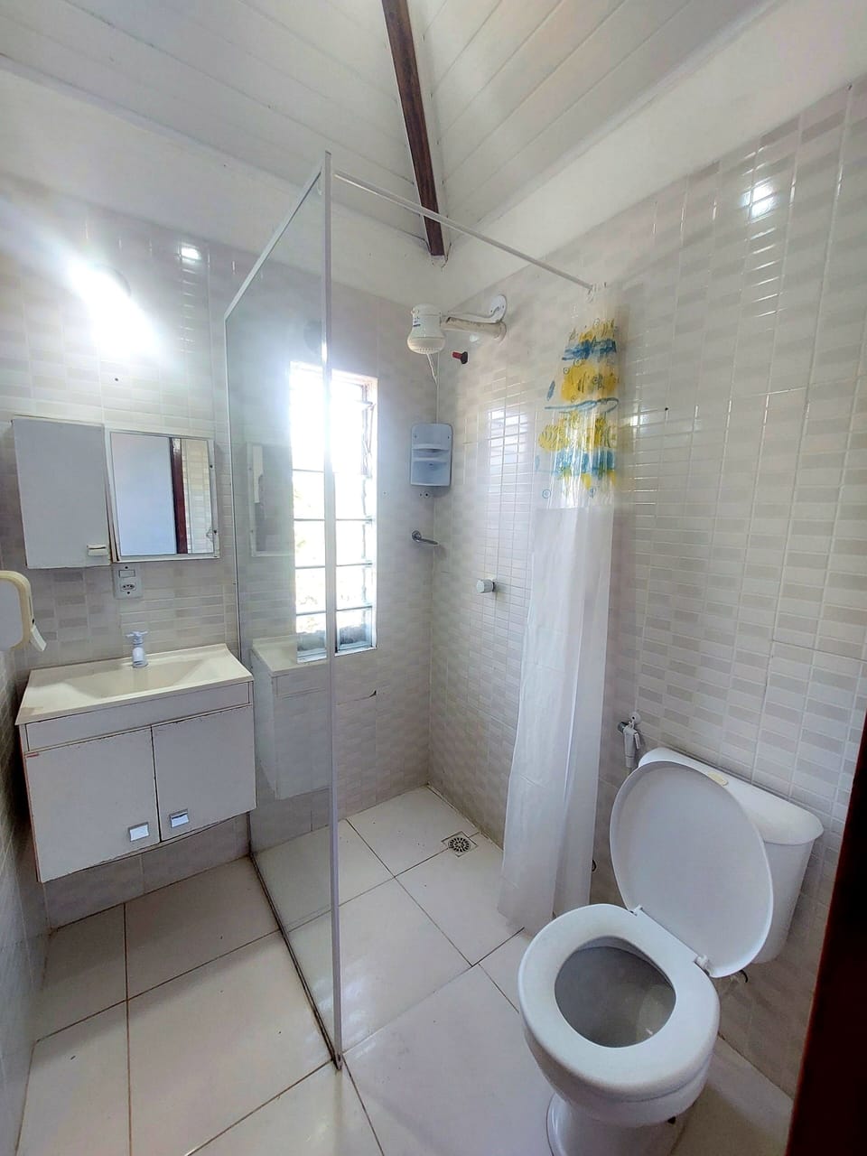 Shower, towels, soap, toilet paper