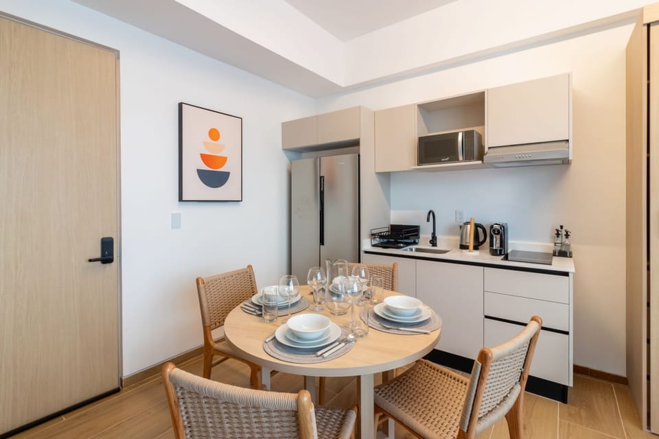 Superior Studio, Balcony, City View | Private kitchen | Mini-fridge, microwave, oven, stovetop