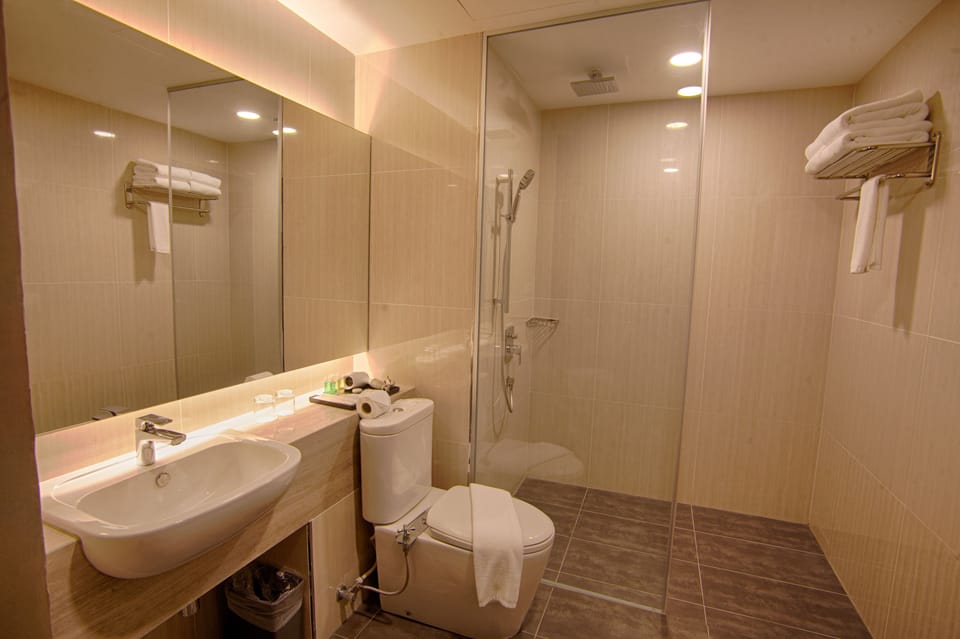 Shower, rainfall showerhead, free toiletries, hair dryer