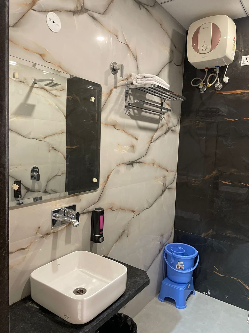 Shower, towels, soap, shampoo