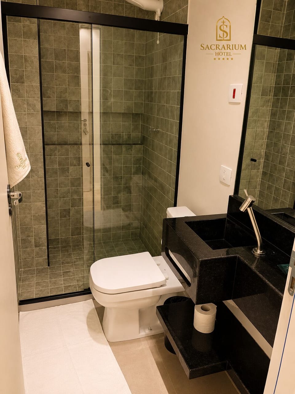 Shower, towels, soap, toilet paper