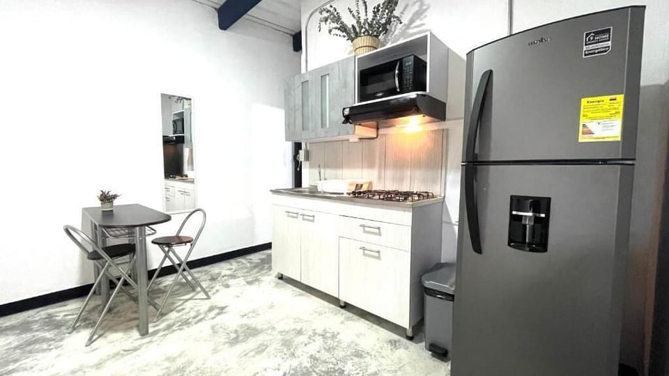 Loft with kitchen and private bathroom | Private kitchen | Fridge, microwave, cookware/dishes/utensils