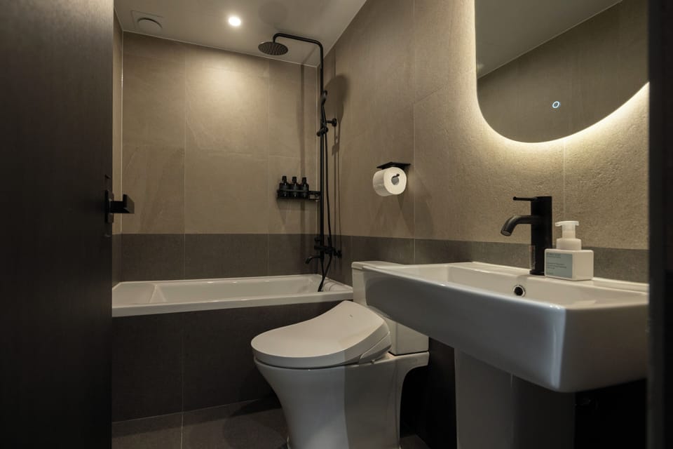 Hair dryer, towels, shampoo, toilet paper