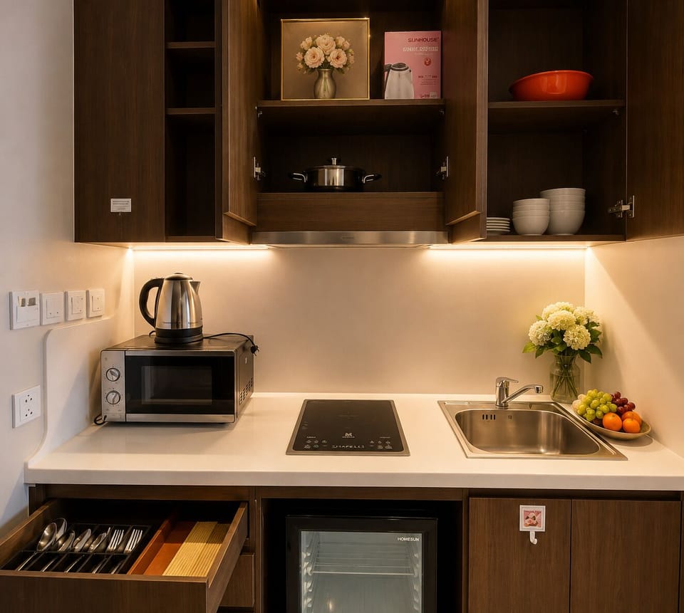 Studio, City View | Private kitchen | Fridge, microwave, stovetop, cookware/dishes/utensils