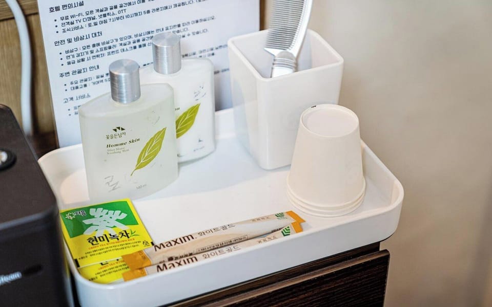 Hair dryer, towels, shampoo, toilet paper