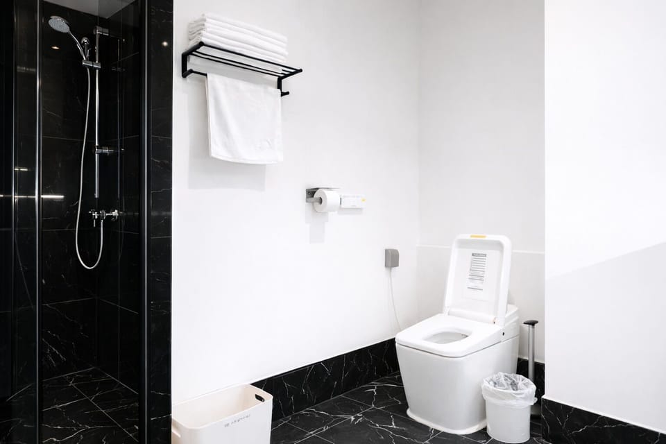 Shower, hair dryer, towels, shampoo