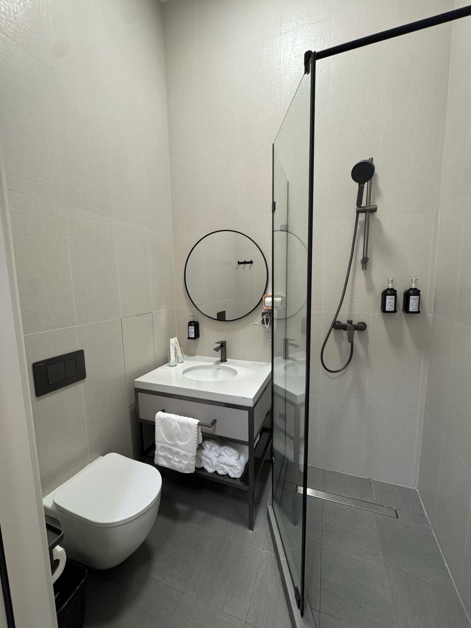Shower, rainfall showerhead, hair dryer, slippers