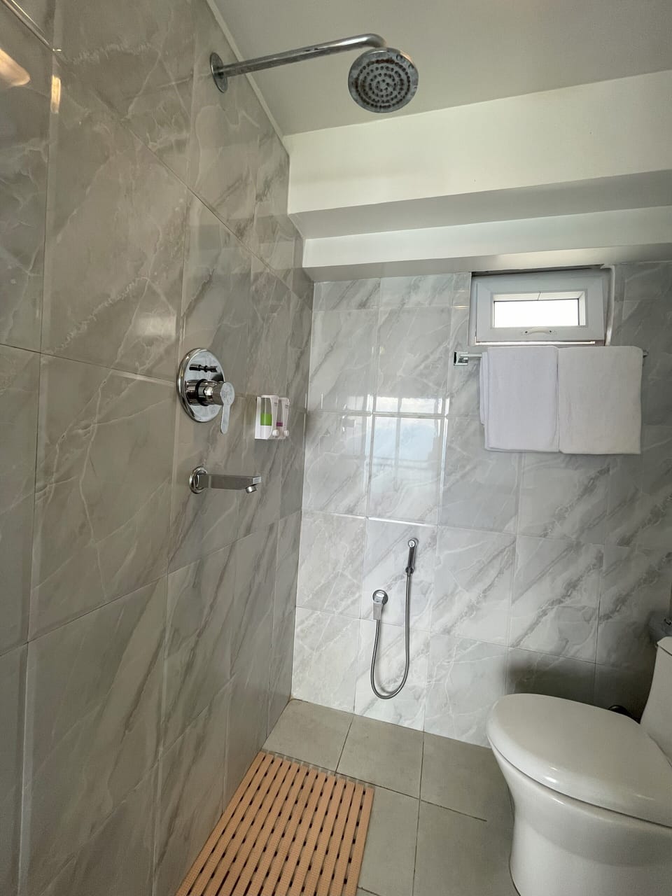 Shower, free toiletries, hair dryer, towels