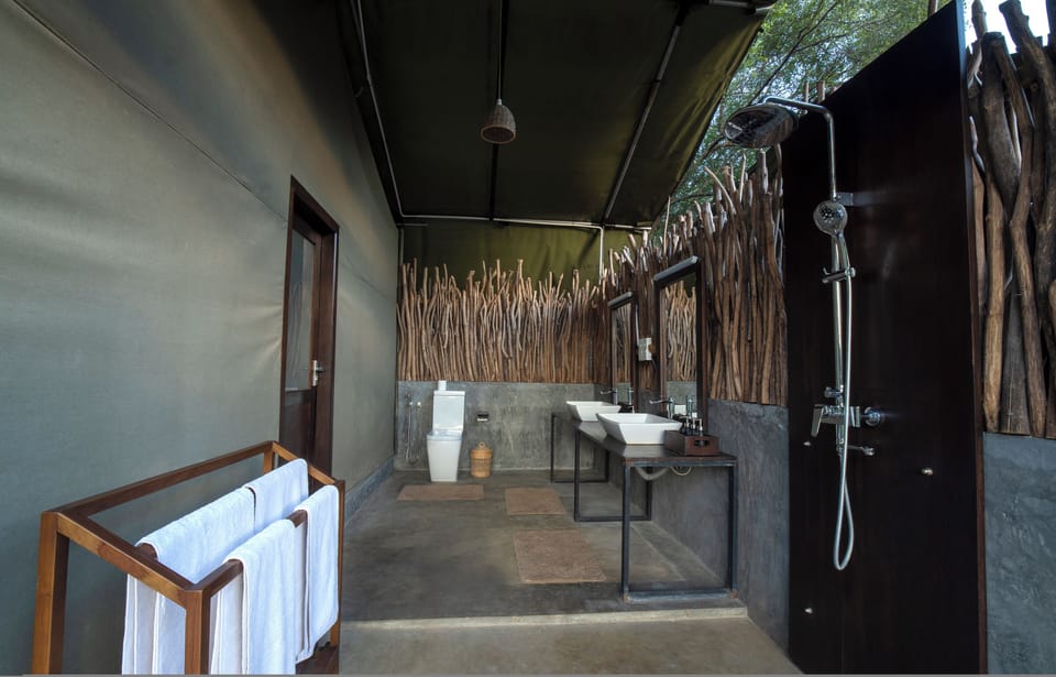 Tent, Private Pool, Garden View | Bathroom | Shower, towels, soap, shampoo