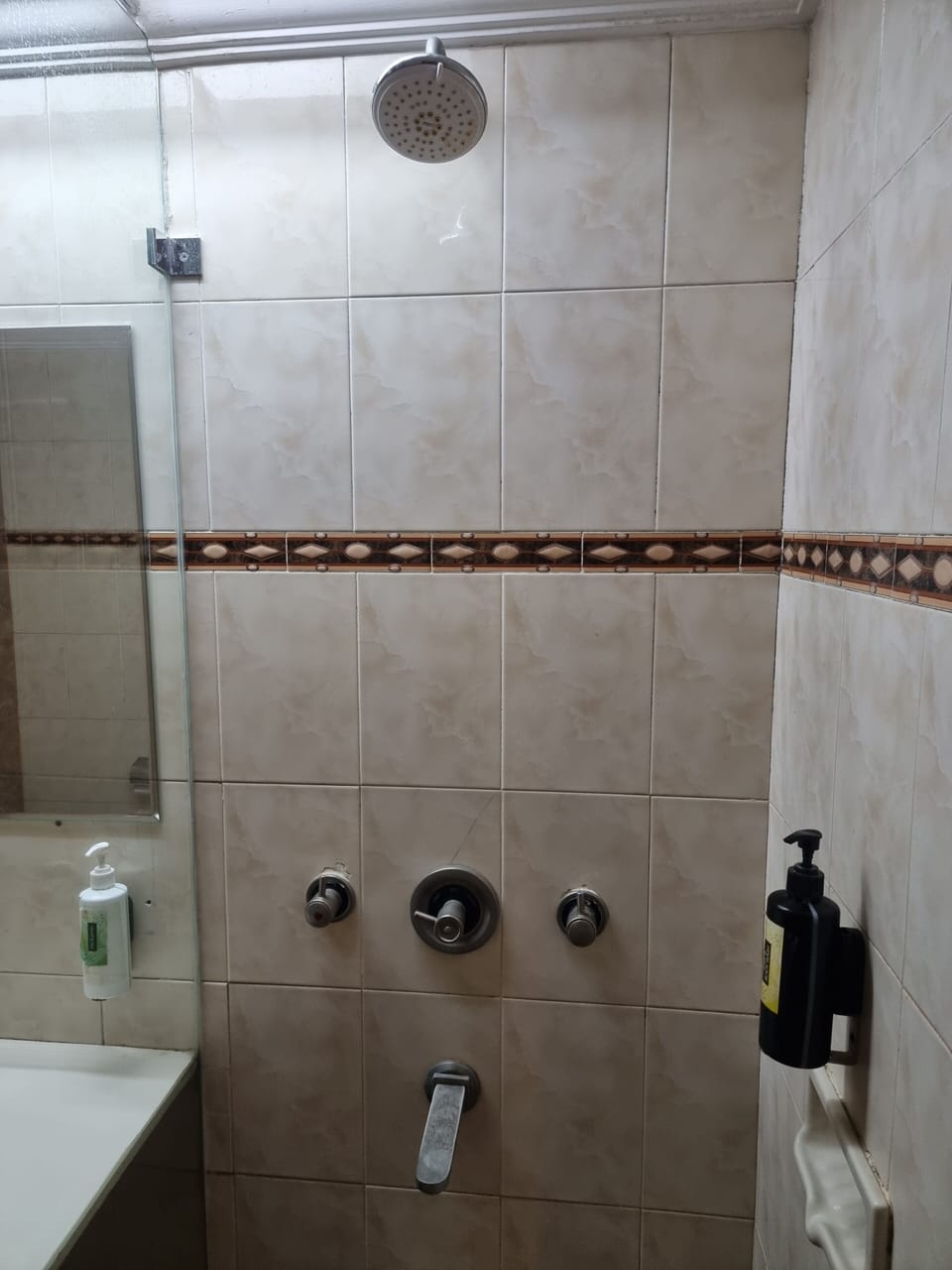 Shower, towels, soap, shampoo