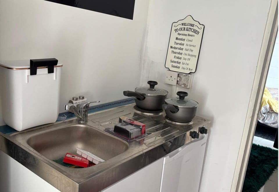 Fridge, microwave, stovetop, electric kettle