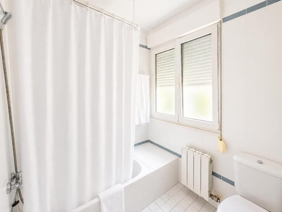 Bathtub, towels, soap, shampoo