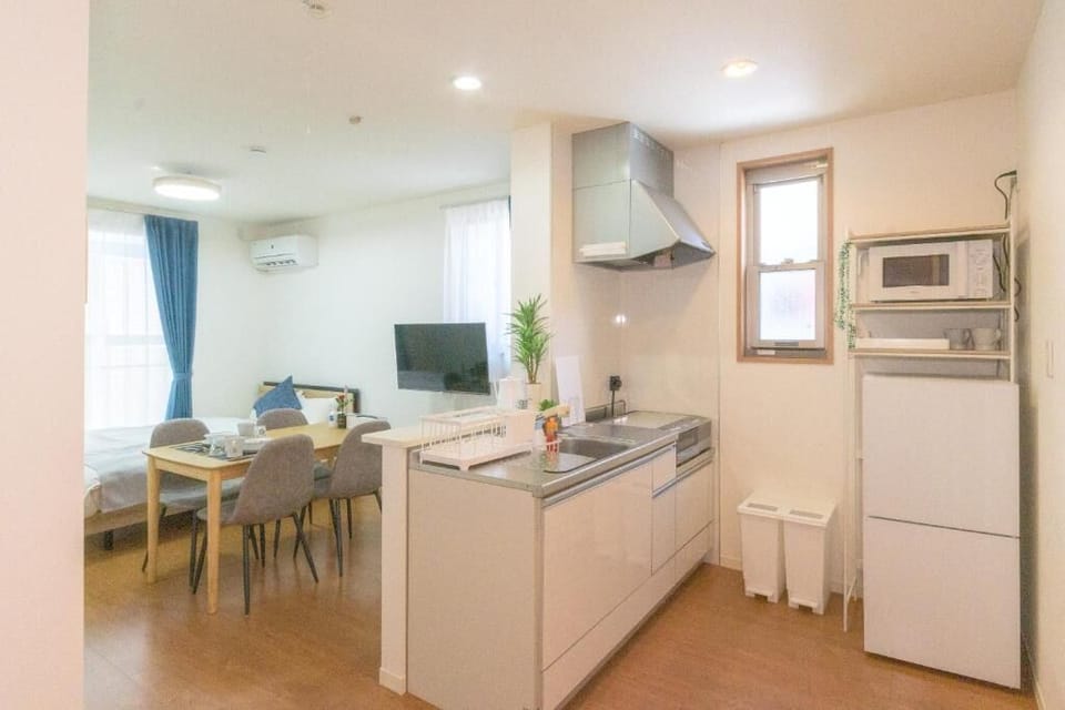Fridge, microwave, stovetop, electric kettle