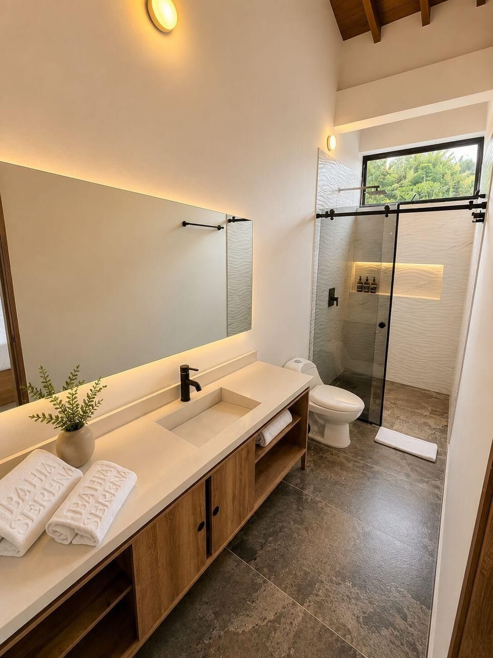 Shower, towels, soap, shampoo