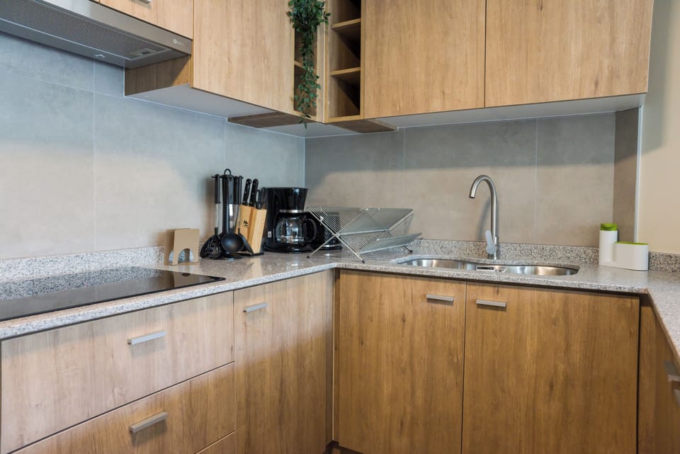 Family Apartment | Private kitchen | Fridge, microwave, oven, stovetop
