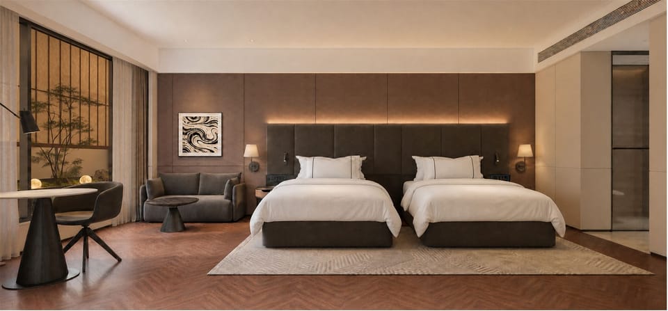 Deluxe Twin Room, Courtyard View | In-room safe, desk, laptop workspace, blackout drapes