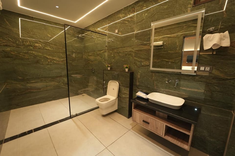 Separate tub and shower, free toiletries, hair dryer, towels