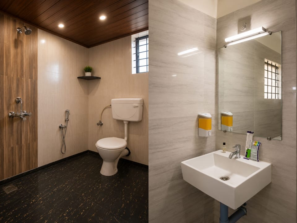 Shower, free toiletries, towels, soap