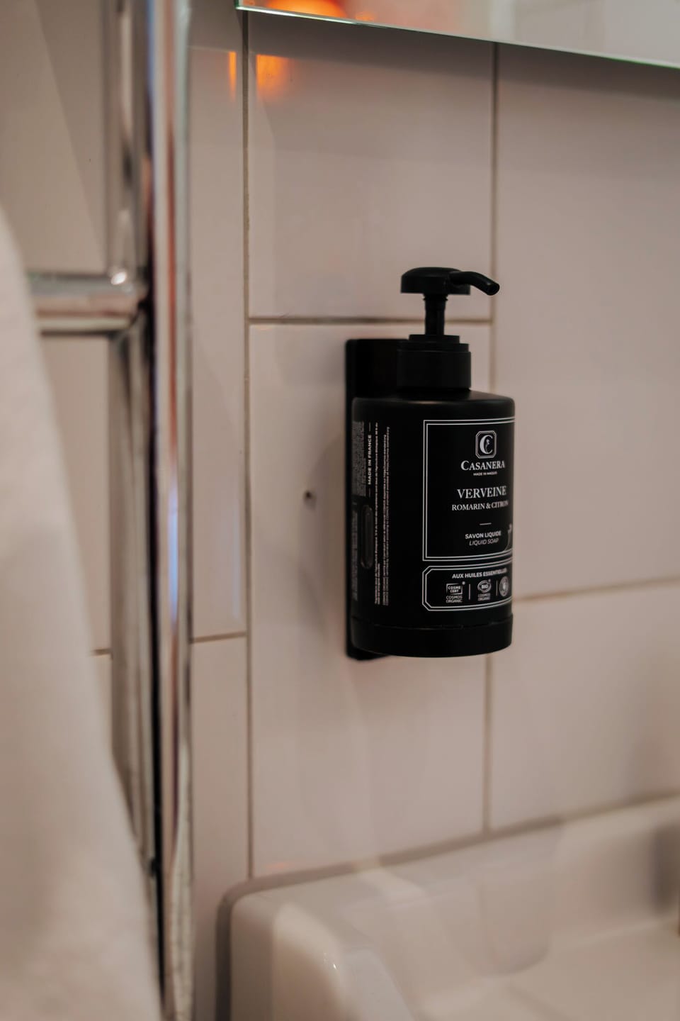 Shower, rainfall showerhead, designer toiletries, hair dryer