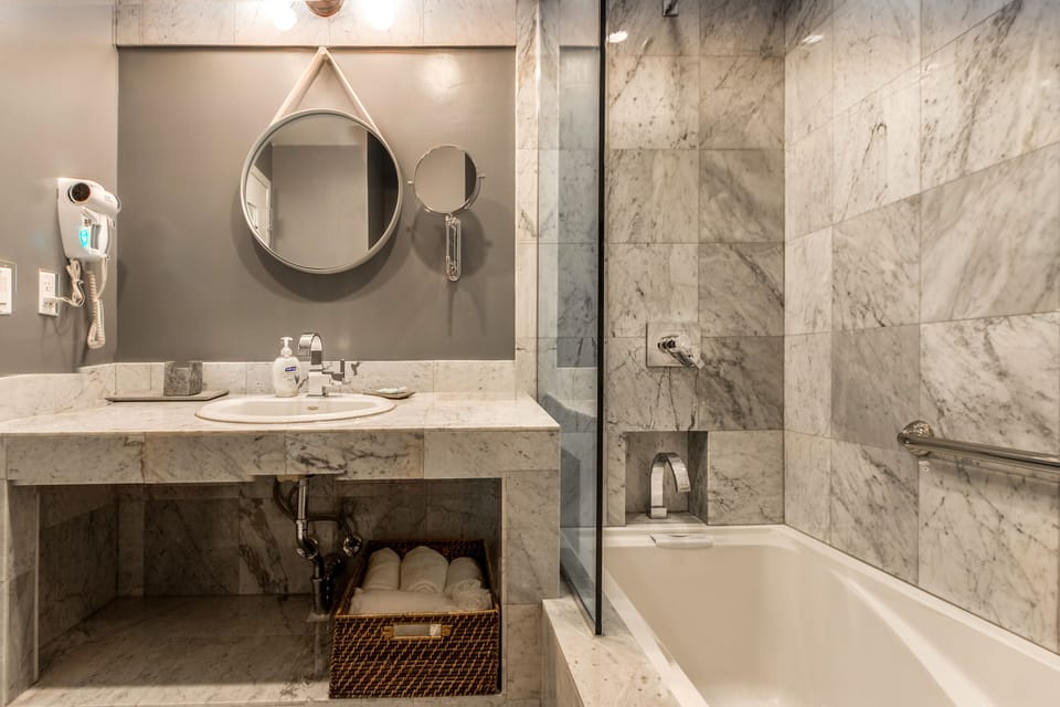 Shower, rainfall showerhead, eco-friendly toiletries, hair dryer
