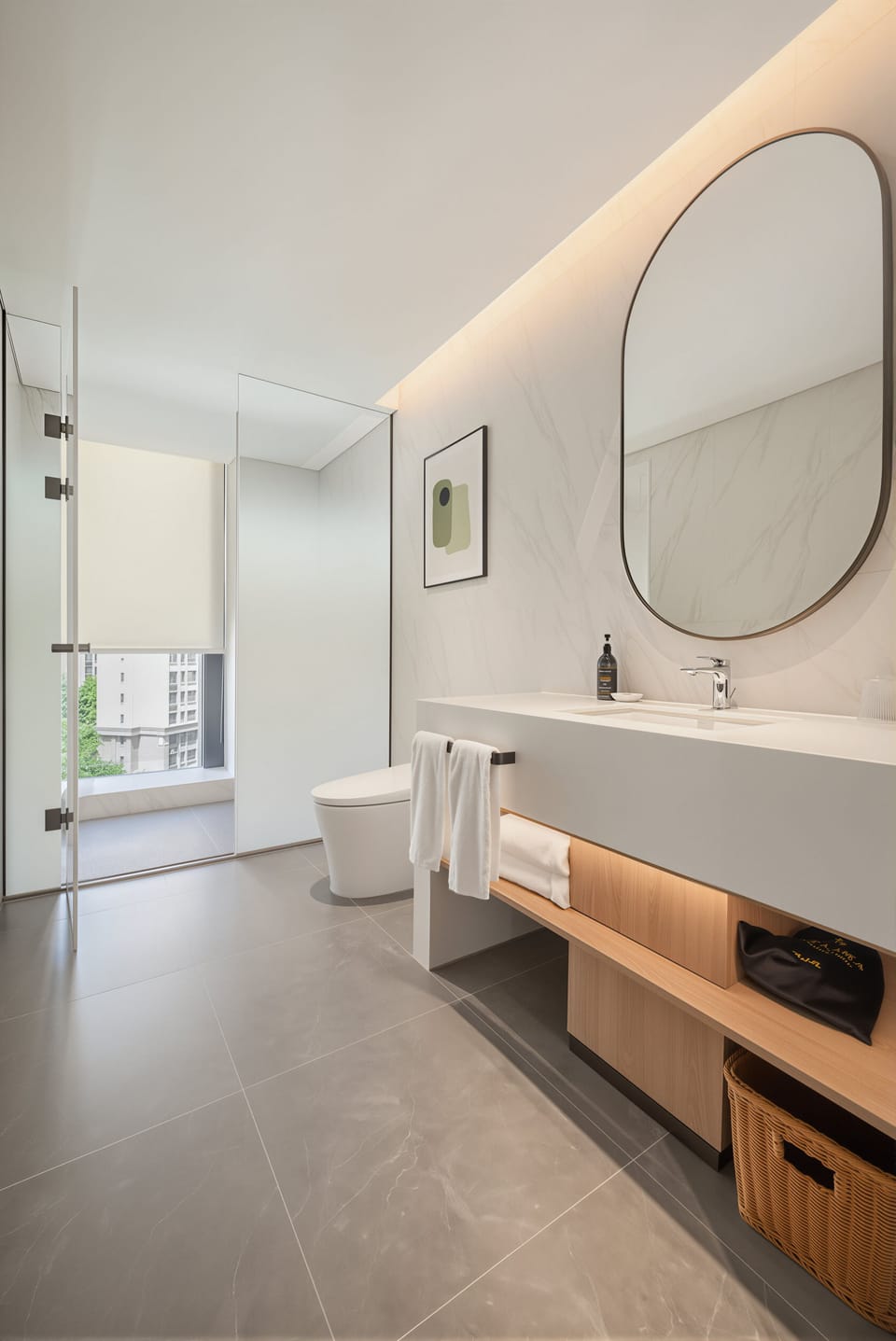 Separate tub and shower, hair dryer, slippers, towels