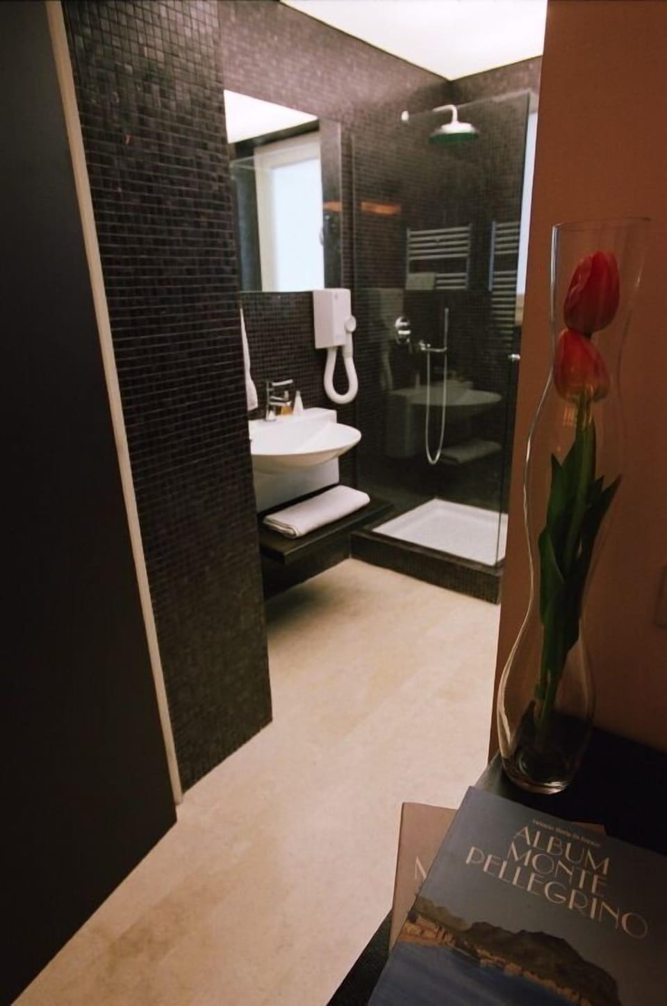 Combined shower/tub, free toiletries, hair dryer, slippers