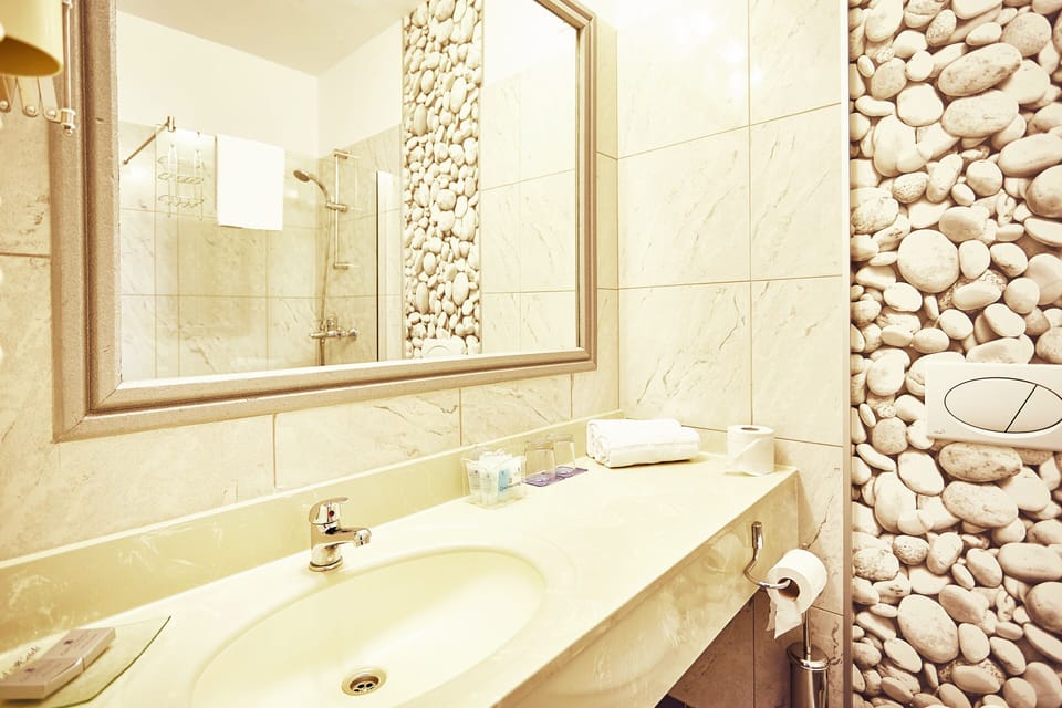 Combined shower/tub, free toiletries, hair dryer, towels