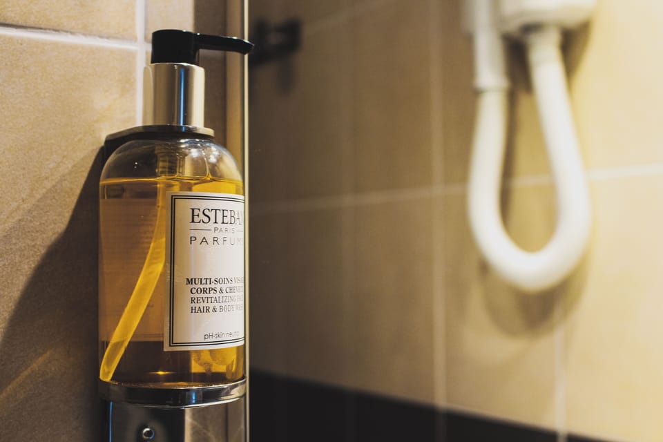 Rainfall showerhead, hair dryer, towels, shampoo