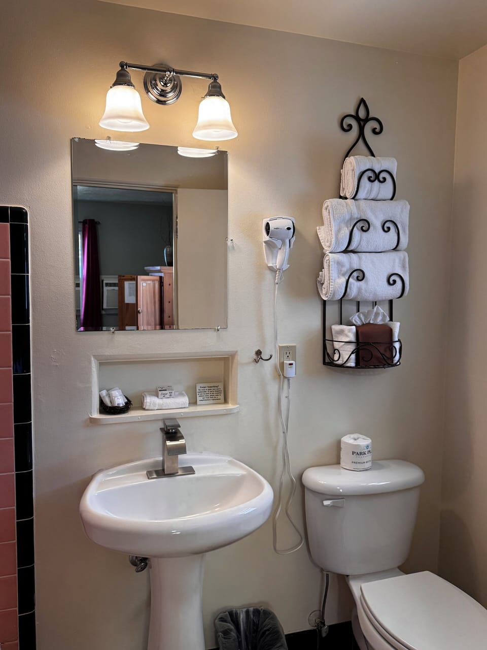 Combined shower/tub, free toiletries, hair dryer, towels