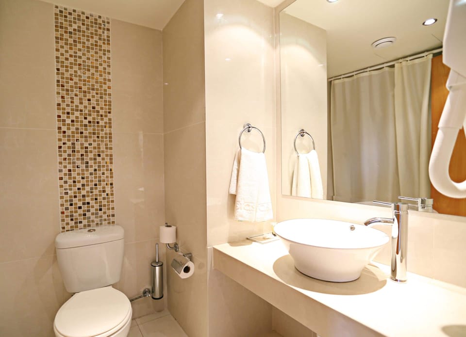 Combined shower/tub, free toiletries, hair dryer, towels