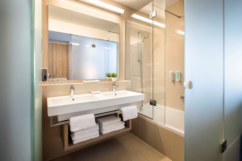 Hair dryer, towels, soap, shampoo